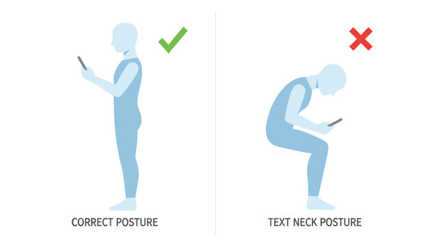 Comparison illustration of correct standing posture versus poor text neck posture while using a mobile phone.