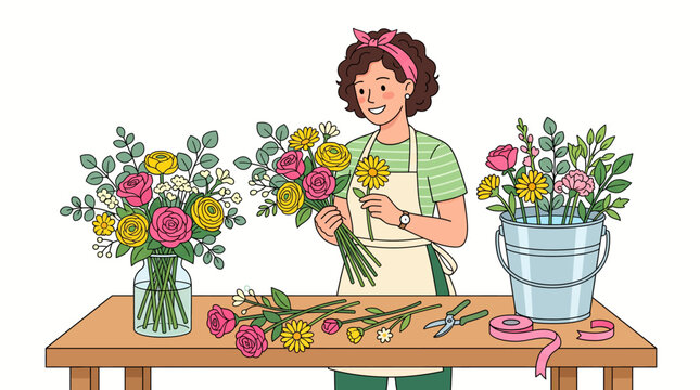 A smiling female florist meticulously arranges vibrant fresh flowers into beautiful bouquets on a wooden table, surrounded by tools and supplies.