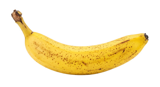 Ripe yellow banana with brown spots, isolated on a white background