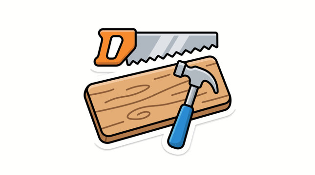Cartoon illustration of a hand saw, a hammer, and a wooden plank, representing carpentry, DIY, and construction work.