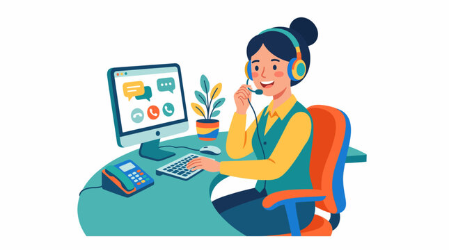 Smiling female customer service representative with a headset working at a desk with a computer displaying communication icons, providing support.