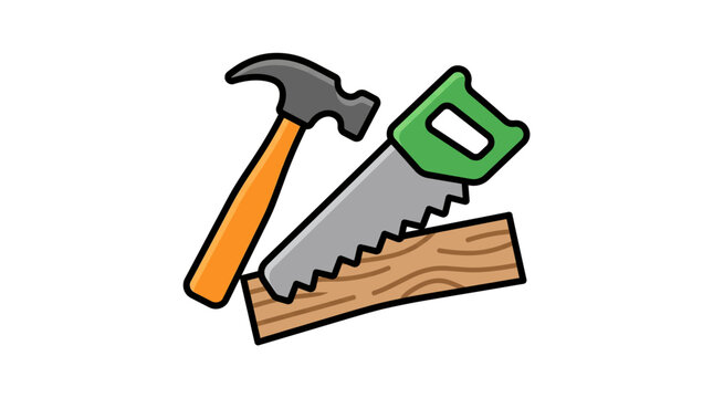 Cartoon illustration of a hammer, a hand saw, and a wooden plank, representing carpentry and DIY tools.