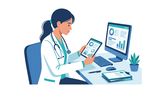 A female doctor in a white coat and stethoscope sits at a desk, reviewing medical data and charts on a tablet and computer monitor in a modern office setting.