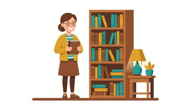 An illustration of a smiling woman wearing glasses and a yellow cardigan, holding a book, standing next to a wooden bookshelf filled with books, with a side table, lamp, and plant.