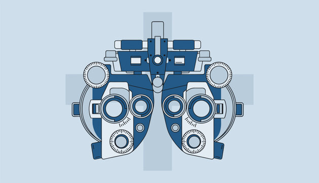 Blue phoropter ophthalmic equipment icon on a light blue background representing eye examinations and optometry.