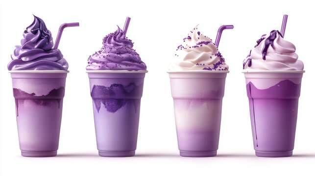 Ube and Matcha drink on white background,Iced Ube Latte,and matcha latte,PopularTrendy Purple Coffee Shop,plant based recipes,superfood,menu and banner,Healthy and wellness concept.