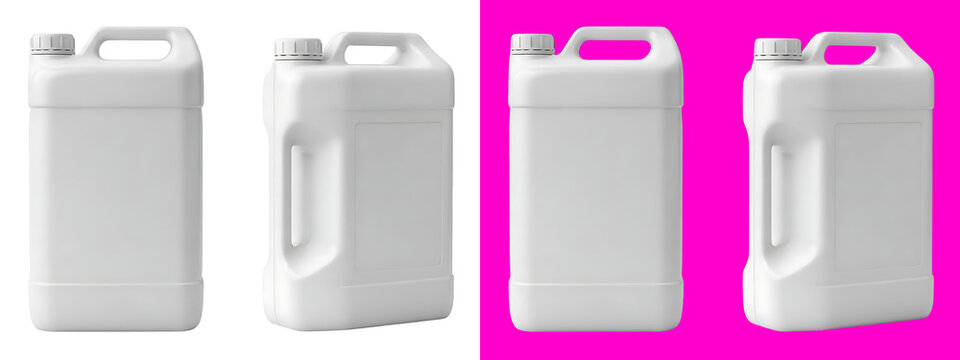 Four white plastic jerry cans for liquid storage, arranged in a row, isolated on a white background, for product, packaging mockup display isolated on a transparent background