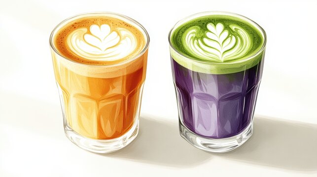 Ube and Matcha drink on white background,Iced Ube Latte,and matcha latte,PopularTrendy Purple Coffee Shop,plant based recipes,superfood,menu and banner,Healthy and wellness concept.