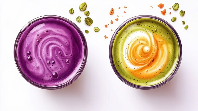 Ube and Matcha drink on white background,Iced Ube Latte,and matcha latte,PopularTrendy Purple Coffee Shop,plant based recipes,superfood,menu and banner,Healthy and wellness concept.