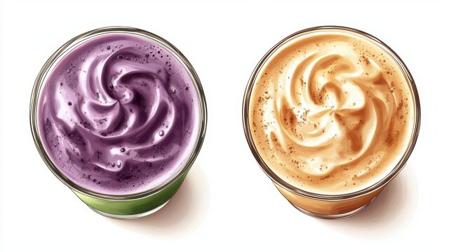 Ube and Matcha drink on white background,Iced Ube Latte,and matcha latte,PopularTrendy Purple Coffee Shop,plant based recipes,superfood,menu and banner,Healthy and wellness concept.