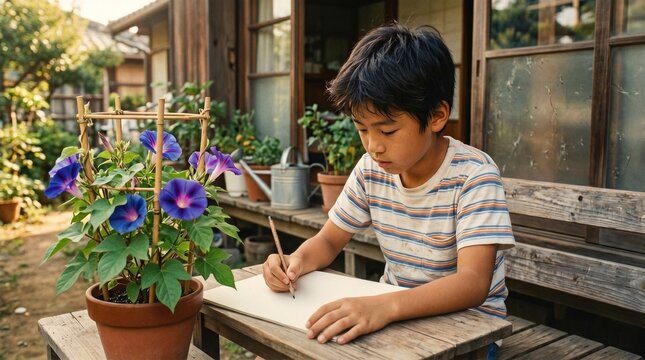 昭和の日本人小学生：ベランダで朝顔の鉢植えを真剣な表情で見つめ、夏休みの宿題で観察日記のスケッチを描く日本人小学生男子のクローズアップポートレート