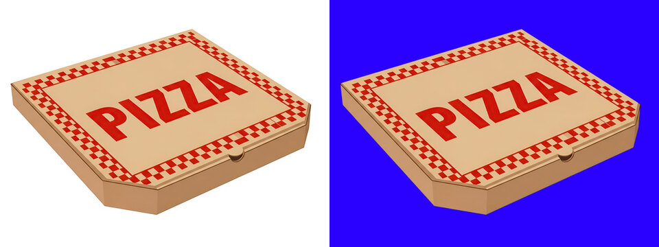 Cardboard pizza delivery box with red checkered pattern and pizza text, isolated on a white background, for food industry advertising isolated on a transparent background