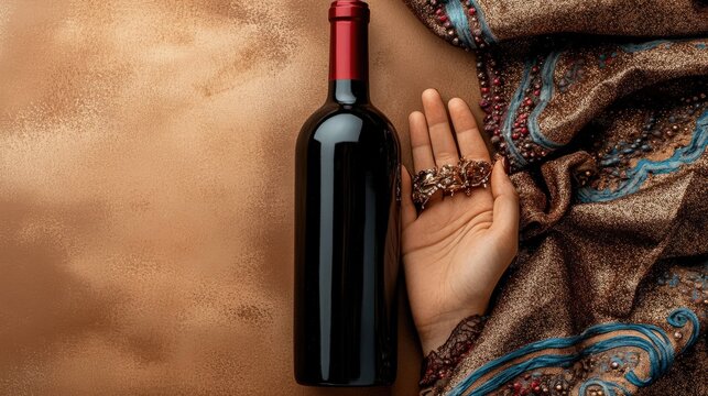 Dark liquid in glass bottle with textured fabric and hand detail