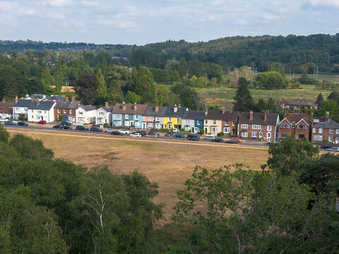 REIGATE, SURREY -UK  aerial view of colourful English houses by Reigate Heath