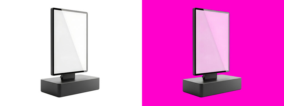 Rectangular digital display kiosk with a blank white screen and a wide base, isolated on a white background, 3d render for advertising isolated on a transparent background