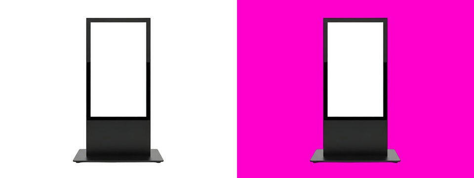 Standing digital signage kiosk with a blank white vertical screen, black frame, isolated on a white background, 3d render for advertising isolated on a transparent background