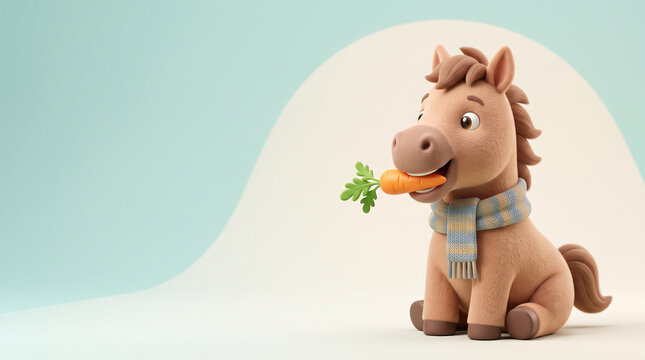 人参を食べる馬のポップな3DCGイラスト 年賀状素材
