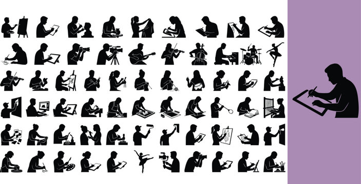 Silhouettes of people engaging in various artistic activities. Creative individuals practicing art, music, and design. Diverse artistic roles and h...