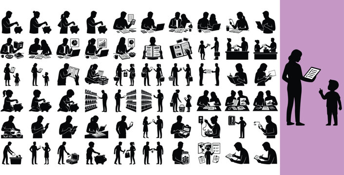 Diverse professionals and everyday life activities vector icon set. Flat design line art illustrations of work, finance, shopping, and daily routines.