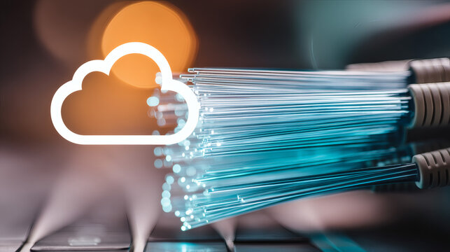 macro photograph of fiber optic cables glowing in blue and cyan tones. A luminous cloud computing folder icon glows at the end of the stream. Soft sunlight flares from top-left. Blurred bokeh 