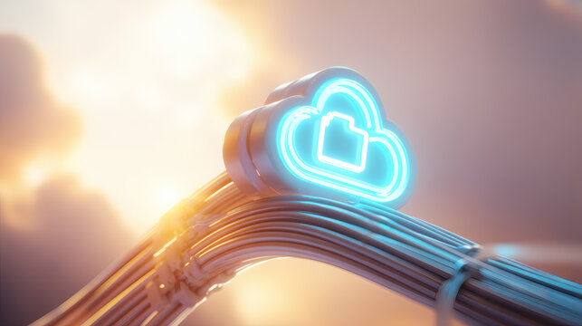 macro photograph of fiber optic cables glowing in blue and cyan tones. A luminous cloud computing folder icon glows at the end of the stream. Soft sunlight flares from top-left. Blurred bokeh 