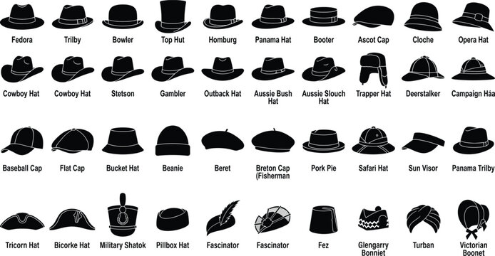 Comprehensive Set of Forty Diverse Headwear and Hat Silhouettes with Names