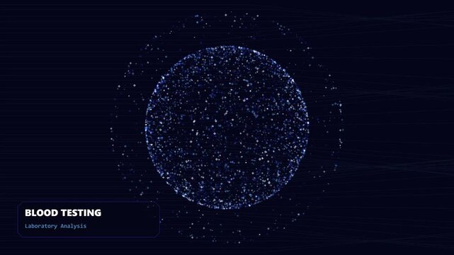 Medical blood testing laboratory analysis interface showing glowing blue particle sphere for scientific research data visualization