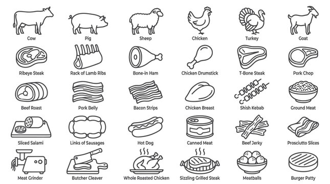 Meat cuts and butcher shop product line icons.