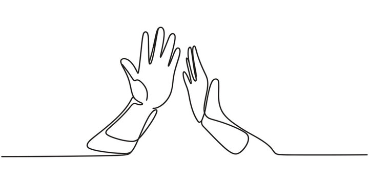 Continuous single line drawing of two hands giving a high five