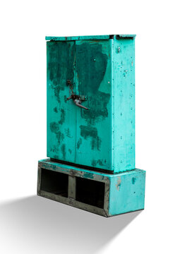 An old, weathered, and rusty turquoise green metal electrical or utility cabinet with a lock and chain, isolated on a white background with a shadow, ideal for design and 3D rendering textures.