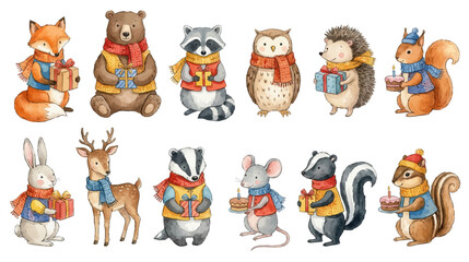 Obraz premium Adorable watercolor collection featuring dressed woodland animals with gifts and birthday celebration. Collection of Vector illustrations for invitation, card, poster, banner, decoration 