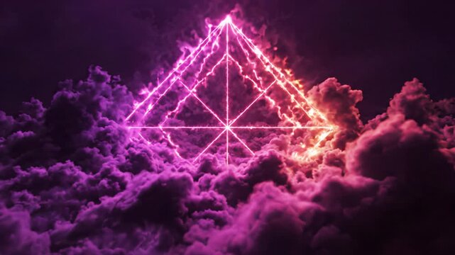 Geometric Pyramid Ethereal Cloud Embrace, Vibrant Pink Energy, Abstract Mystical Glow, Spiritual Wonder, Radiant Orange Purple Hues, Shape of Divinity, Cosmic Energy Flow, Otherworldly Visualization