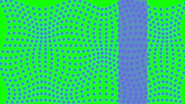 Moving blue dots form rhythmic wave patterns on a bright neon green surface across multiple frames