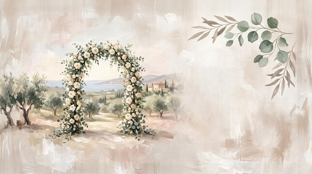 Watercolor Tuscan wedding arch background with olive trees and eucalyptus leaves