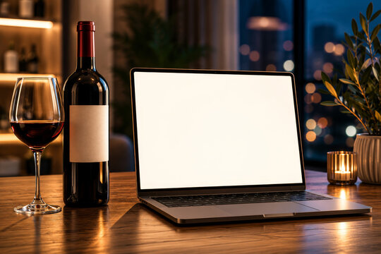 Bottle of red wine with glass and laptop computer with blank white screen on wooden table. Evening relaxation for sommelier or winemaking business presentation. Cozy workspace concept.