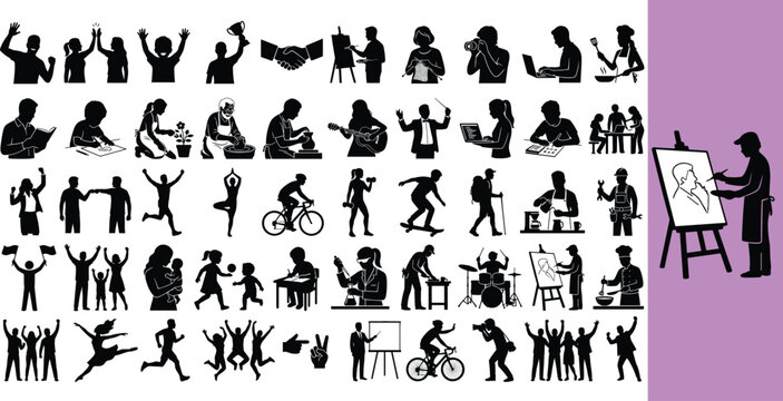 Diverse people engaging in hobbies and activities. Creative lifestyle scenes with individuals in various leisure and artistic pursuits.