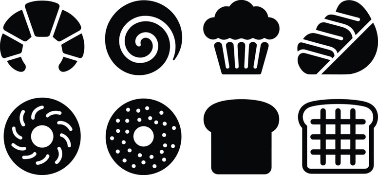 Black silhouette icons of baked goods including croissant, muffin, donuts, bread, and waffle