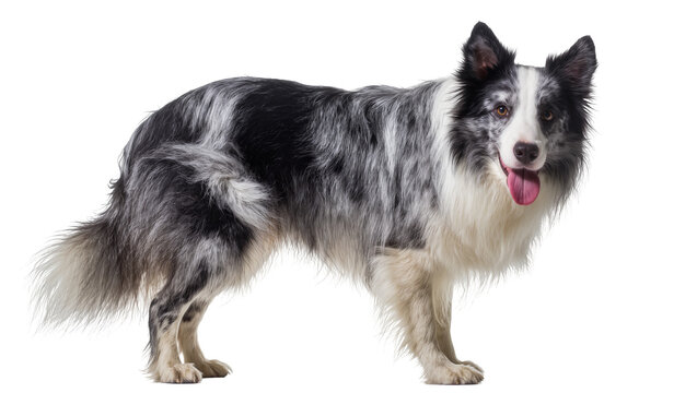 Isolated Border Collie dog with beautiful blue merle coat standing and looking at camera