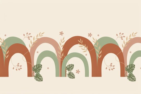 Border with terracotta and sage green arches, monstera leaves, and small flowers on a light beige background, boho style