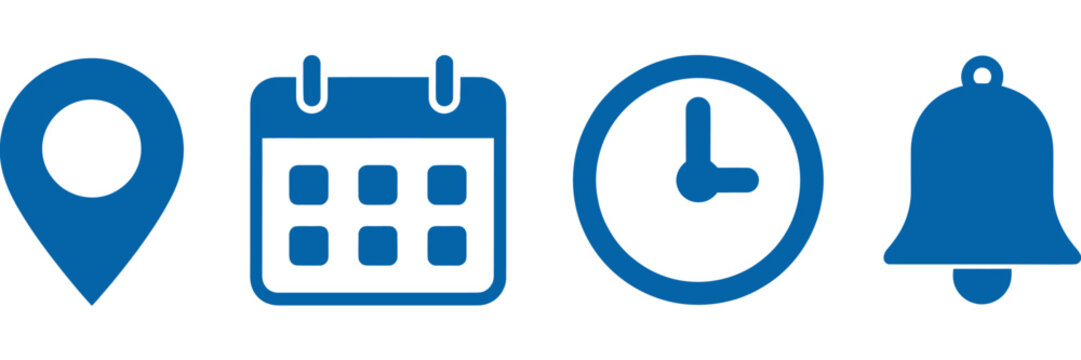 Four blue minimalist of a location pin, calendar, clock, and bell