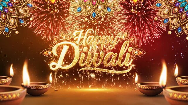 Happy Diwali celebration with oil lamps and fireworks background
