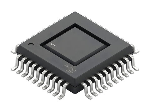 Integrated circuit chip with gullwing leads isolated on transparent background