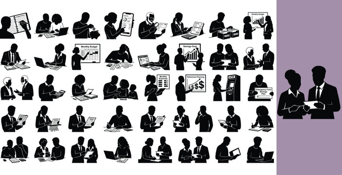 Businesspeople analyzing financial data and planning budgets. Professionals working with charts, graphs, and digital devices for financial management.