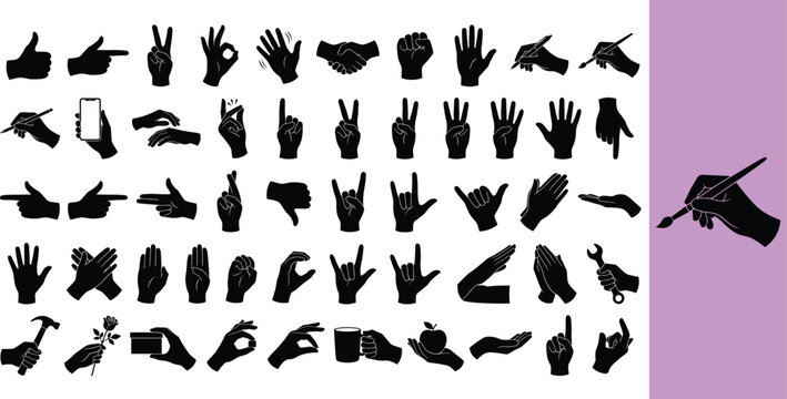 Collection of black silhouette hand gestures and signs. Illustration of various hand signals and communication symbols.