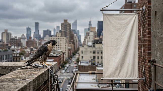 A majestic peregrine falcon perches on a weathered stone ledge high above the bustling streets of Manhattan while a blank fabric canvas hangs prominently from the brick walls of the adjacent