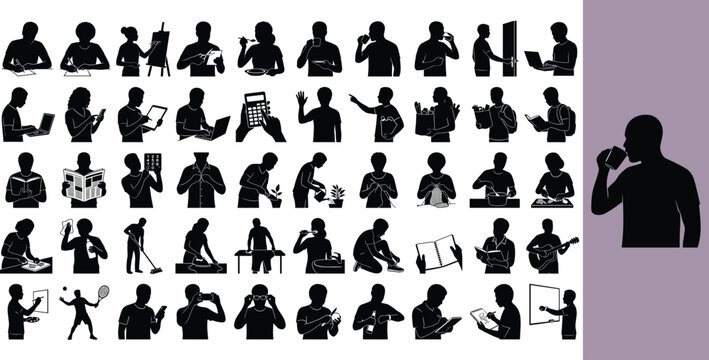 Collection of people engaging in various daily activities and hobbies. Diverse silhouettes of individuals performing tasks like working, reading, c...