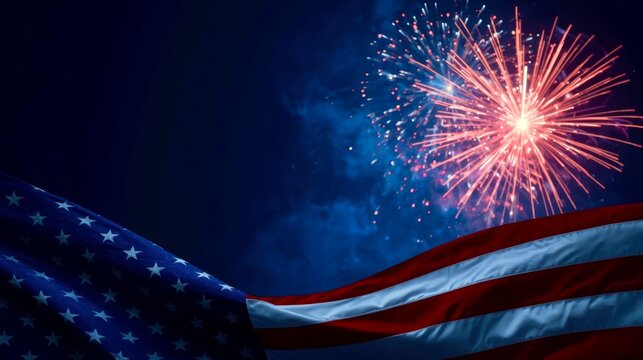 American flag waves proudly beneath vibrant fireworks
