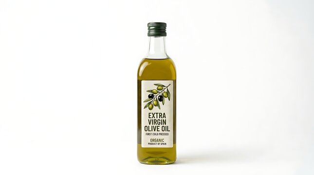 Premium extra virgin olive oil bottle with label and natural ingredients