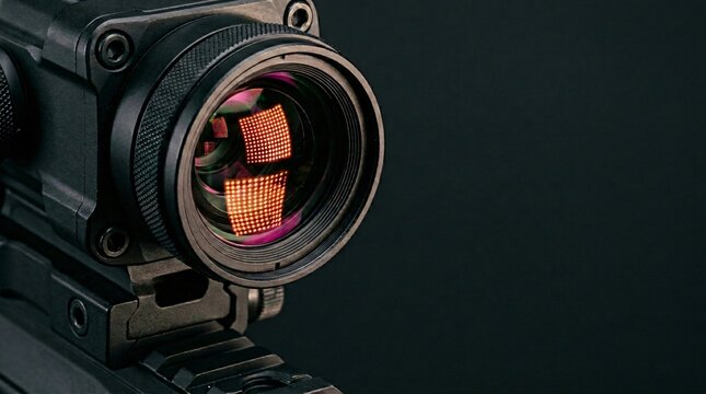 A professional tactical red dot optical sight hardware for rifle aiming sits mounted to a black metallic firearm rail assembly providing precision target acquisition for seasoned marksman