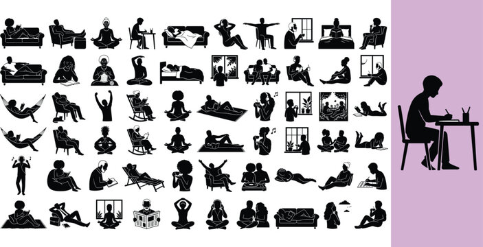 Collection of people relaxing, working, and enjoying leisure activities at home. Diverse individuals engaging in hobbies, reading, meditation, and...